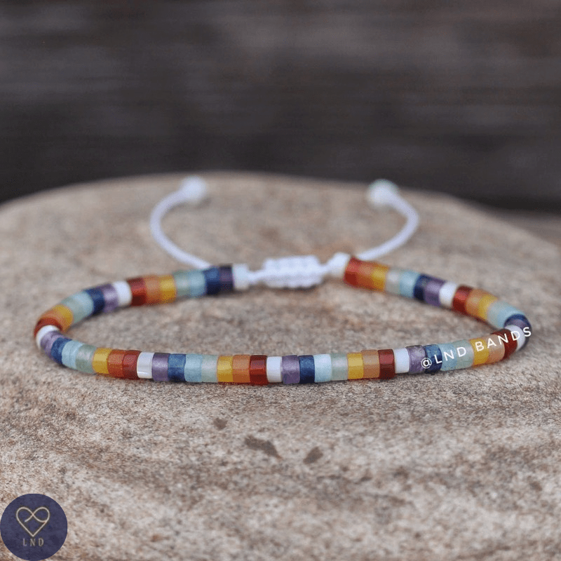 7 Chakra Mother of Pearl 2x4mm Meditation Boho Yoga Bracelet, Gemstone Bracelet, Balance, power, protection, calm, grounding, birthday gift - LND Bands