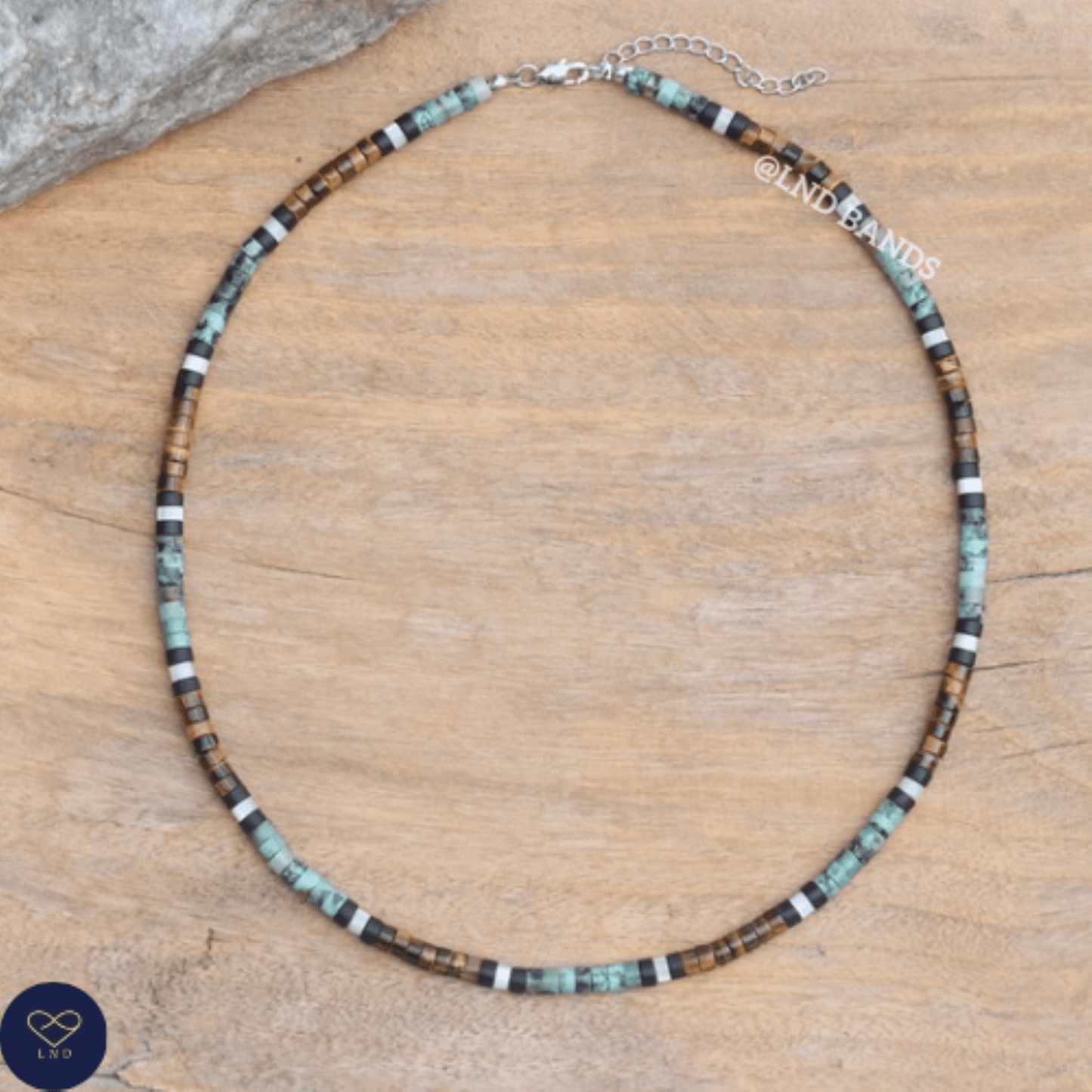 African Turquoise with Tiger Eye Minimalist Necklace, 4mm Beaded Necklace, Tibetan Necklace, Yoga, gift for him and her, Natural Gemstone - LND Bands