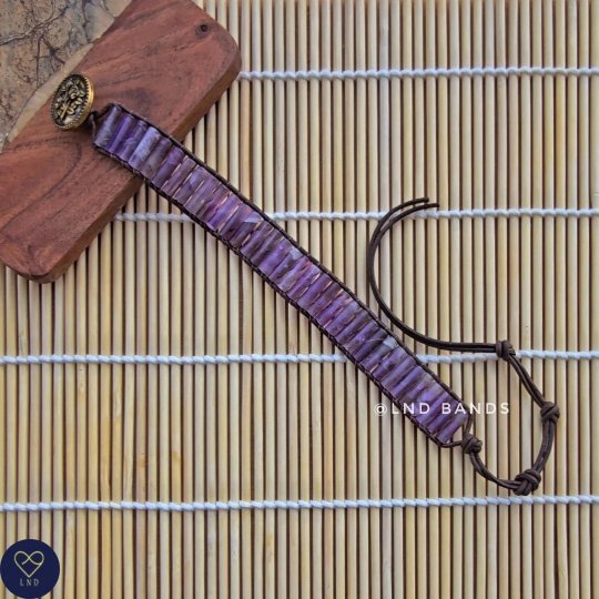 Amethyst Tube Leather Bracelet, Tibetan Bracelet, Adjustable Bracelet, Yoga, Minimalist Bohemian, birthday gif - LND Bands
