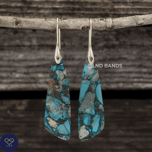 Blue Sea Sediment GOLD Hook Teardrop Natural Stone Jasper Earrings, Drop Earrings Boho, Women Stylish Jewellery Earrings, gift for her - LND Bands