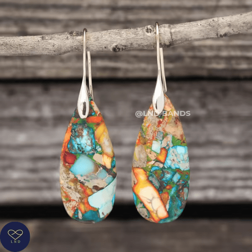 Colourful Jasper GOLD Hook Teardrop Natural Stone Jasper Drop Earrings, Boho Women's Stylish Jewellery Earrings, gift for her, birthday gift - LND Bands