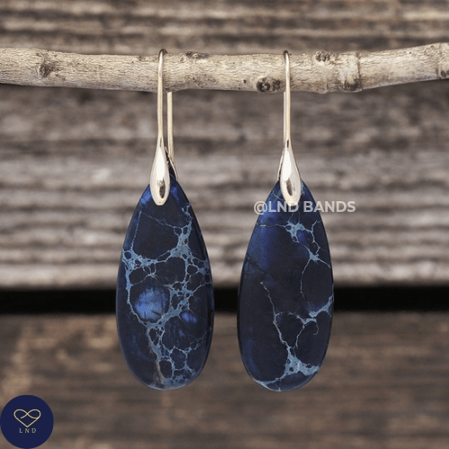 Dark Blue GOLD Hook Teardrop Natural Stone Jasper Earrings, Drop Earrings Boho, Women Stylish Jewellery Earrings, gift for her for Mum - LND Bands