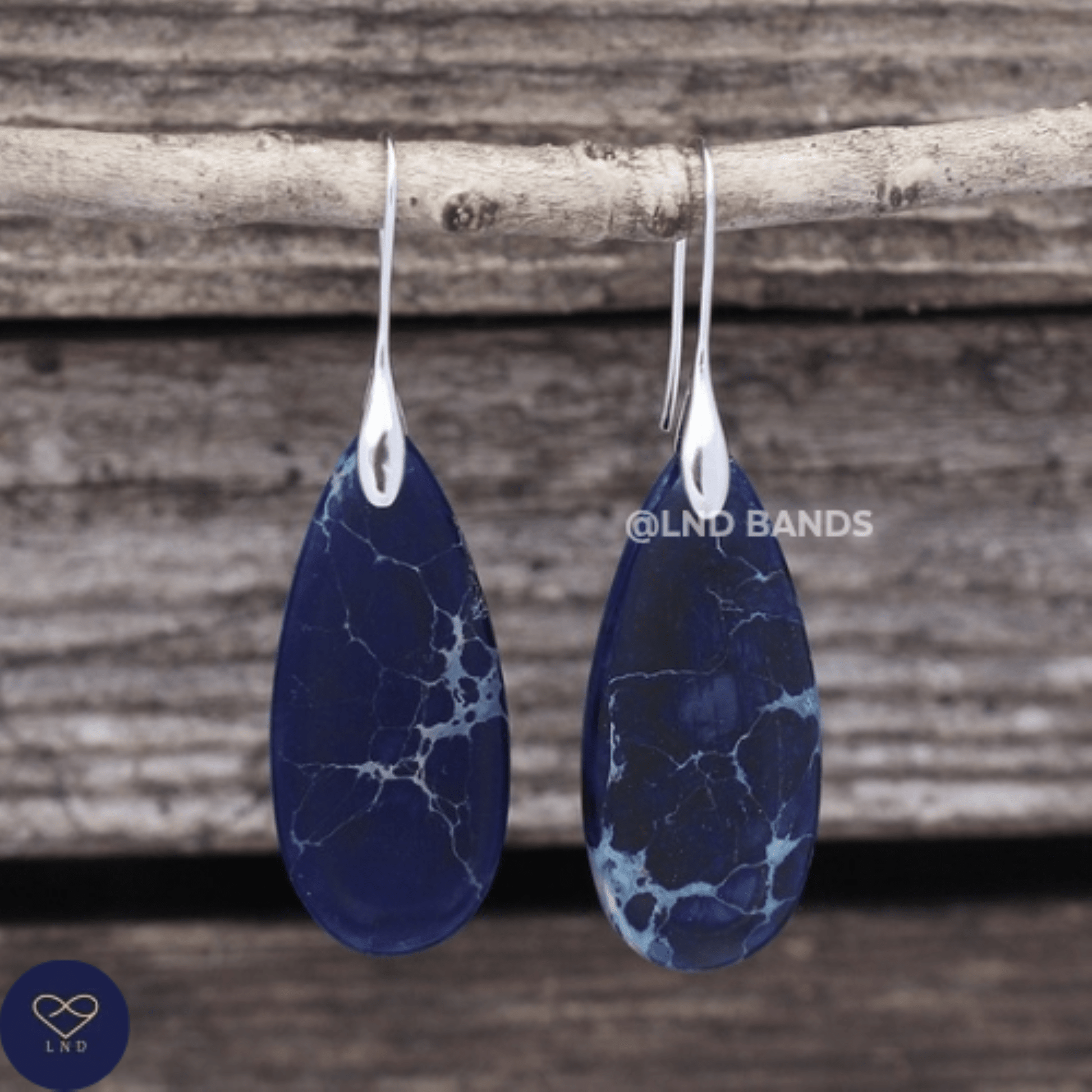 Dark Blue SILVER Hook Teardrop Natural Stone Jasper Earrings, Drop Earrings Boho, Women's Stylish Jewellery Earrings, gift for her for Mum - LND Bands