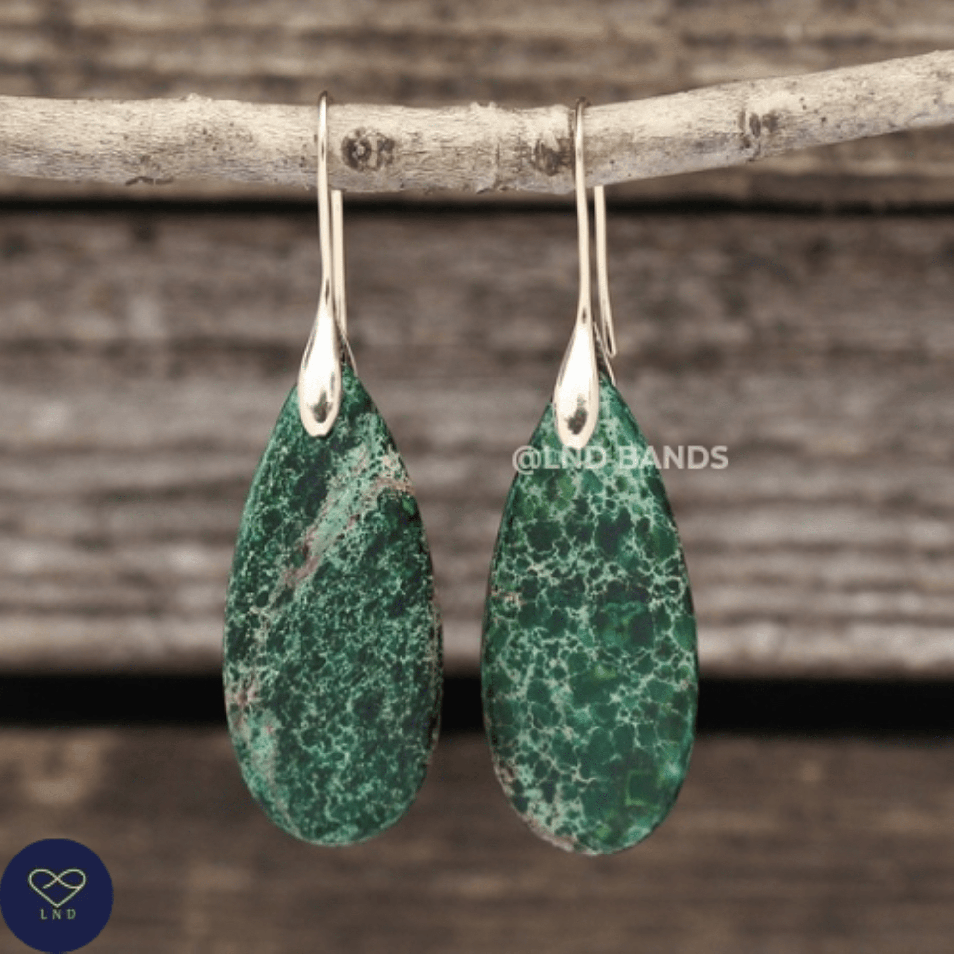 Dark Green GOLD Hook Teardrop Natural Stone Jasper Earrings, Drop Earrings Boho, Women's Stylish Jewellery Earrings, gift for her for Mum - LND Bands