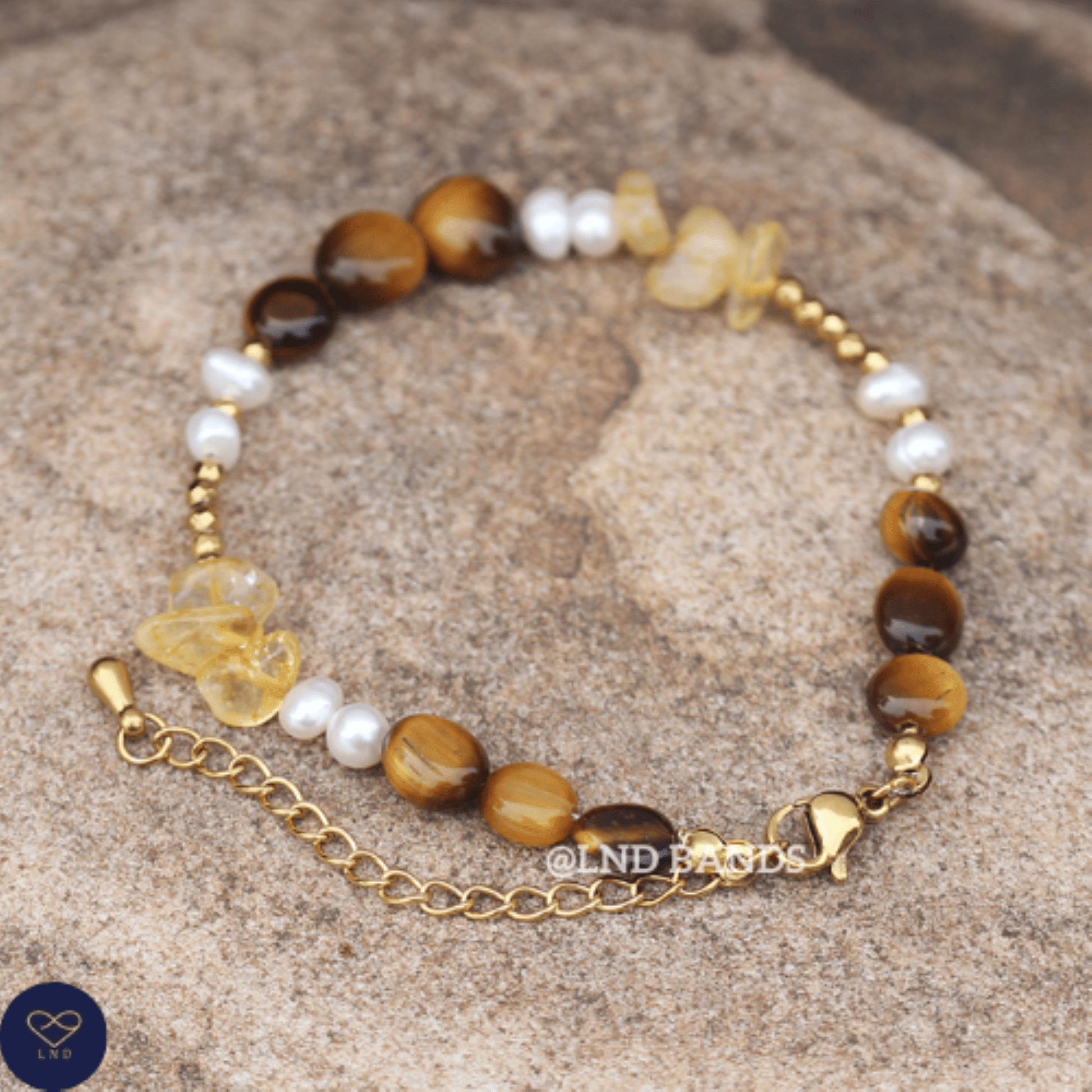 Freshwater Pearl Citrine Tiger Eye Hematite Gemstone Bracelet, Adjustable Luxury Stylish Elegant Boho Bracelet, birthday gift, gift for her - LND Bands