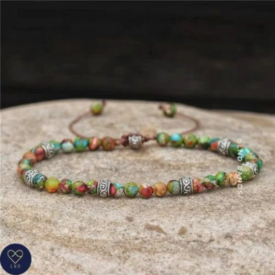 Green Galaxy Sea Sediment Jasper bracelet 4mm, Tibetan Bracelet, Adjustable Dainty Bracelet, Yoga, Ethnic - LND Bands