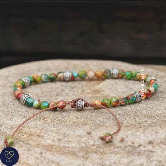 Green Galaxy Sea Sediment Jasper bracelet 4mm, Tibetan Bracelet, Adjustable Dainty Bracelet, Yoga, Ethnic - LND Bands