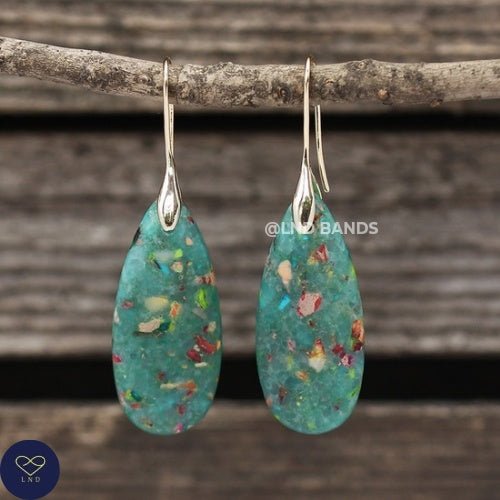 Green Multicoloured GOLD Hook Teardrop Natural Stone Jasper Drop Earrings, Boho Women's Stylish Jewellery Earrings, gift for her - LND Bands