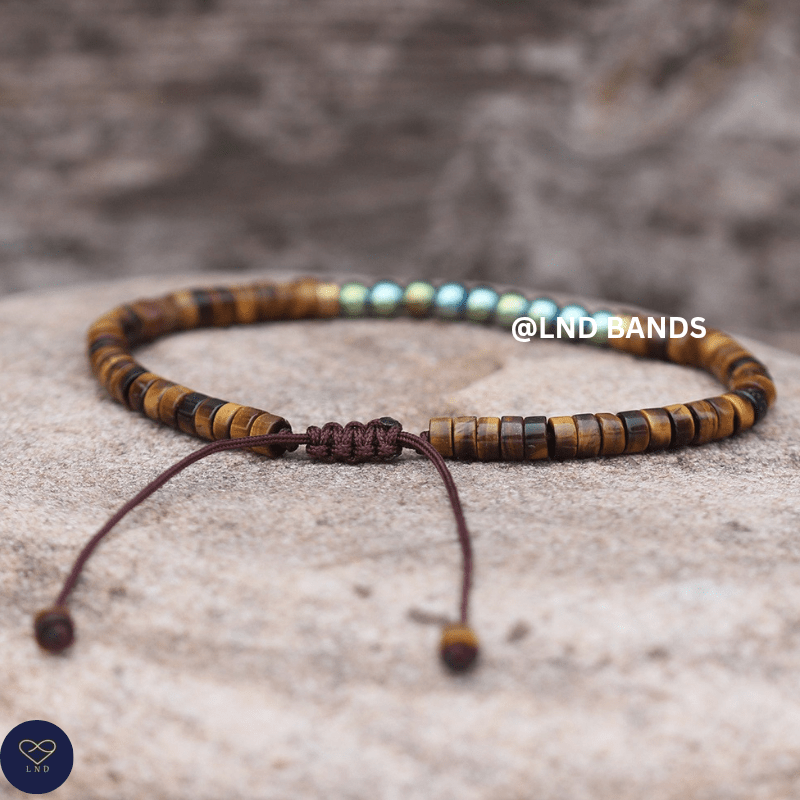 Hematite Tiger Eye Bead Bracelet - Adjustable Tibetan Minimalist Yoga, Boho Gift for him for her elegant ethnic courage growth - LND Bands