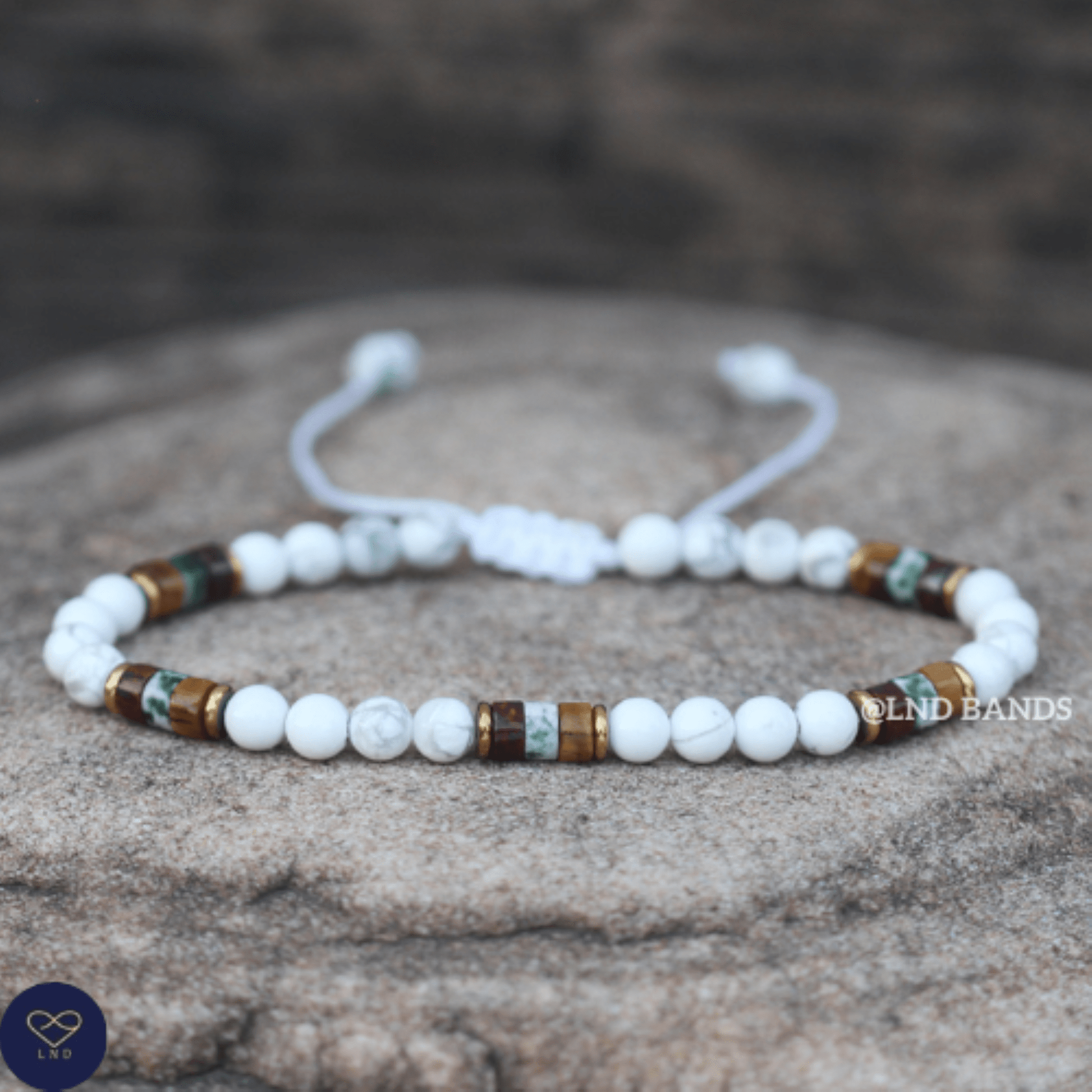 Howlite Tiger Eye Green Spot Jasper 4mm round beads Minimalist Adjustable Bracelet, Tibetan Gemstone Bracelet, Yoga, Boho, Ethnic, Delicate - LND Bands