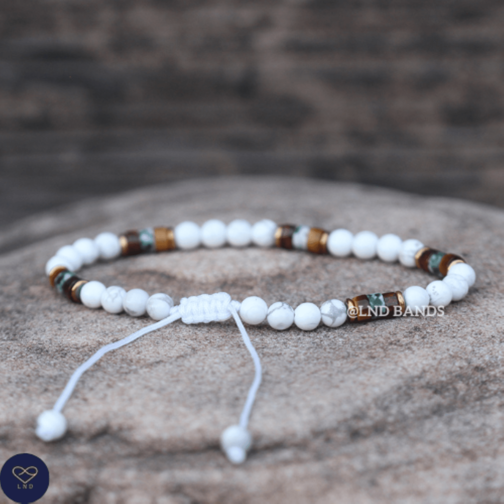 Howlite Tiger Eye Green Spot Jasper 4mm round beads Minimalist Adjustable Bracelet, Tibetan Gemstone Bracelet, Yoga, Boho, Ethnic, Delicate - LND Bands