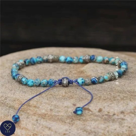 Light Blue Galaxy Sea Sediment Jasper bracelet 4mm, Tibetan Bracelet, Adjustable Dainty Bracelet, Yoga - LND Bands