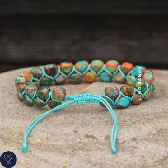 Macrame Multi coloured Imperial Jasper Bracelet, Adjustable bracelet, Natural Stone, Tibetan bracelet, Yoga, Boho - LND Bands