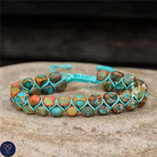 Macrame Multi coloured Imperial Jasper Bracelet, Adjustable bracelet, Natural Stone, Tibetan bracelet, Yoga, Boho - LND Bands