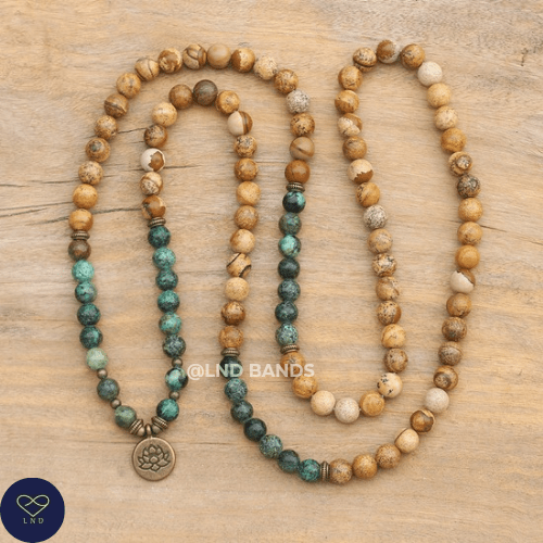 Mala Prayer 108 Beads African Turquoise Picture Jasper Bracelet Necklace, Yoga Meditation Spiritual Bracelet, Ethnic, Unisex gift, balance - LND Bands