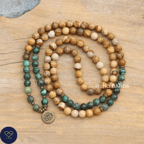 Mala Prayer 108 Beads African Turquoise Picture Jasper Bracelet Necklace, Yoga Meditation Spiritual Bracelet, Ethnic, Unisex gift, balance - LND Bands