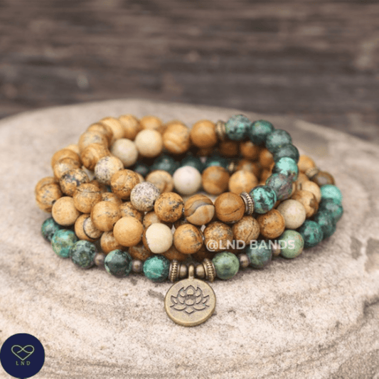 Mala Prayer 108 Beads African Turquoise Picture Jasper Bracelet Necklace, Yoga Meditation Spiritual Bracelet, Ethnic, Unisex gift, balance - LND Bands