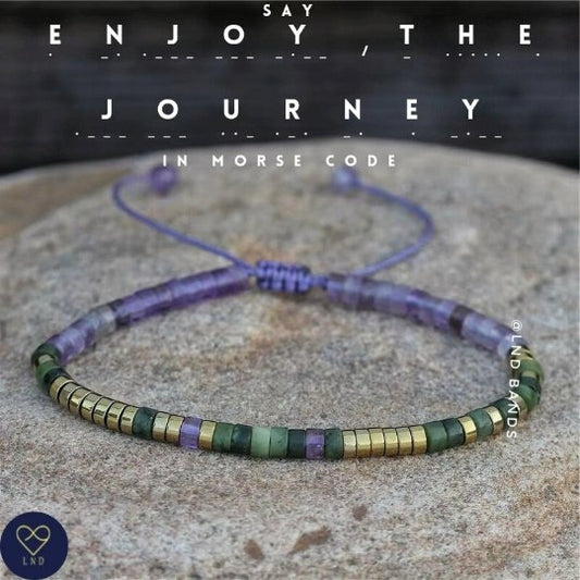 Morse code ENJOY THE JOURNEY, Amethyst Olive Jade Adjustable Motivational Bracelet, Inspirational Bracelet, - LND Bands