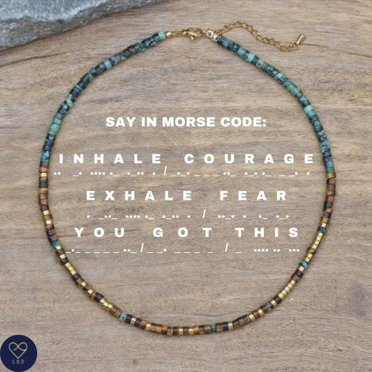 Morse code INHALE courage EXHALE fear You got this African Turquoise Tiger Eye Necklace, Mental health, self-care - LND Bands
