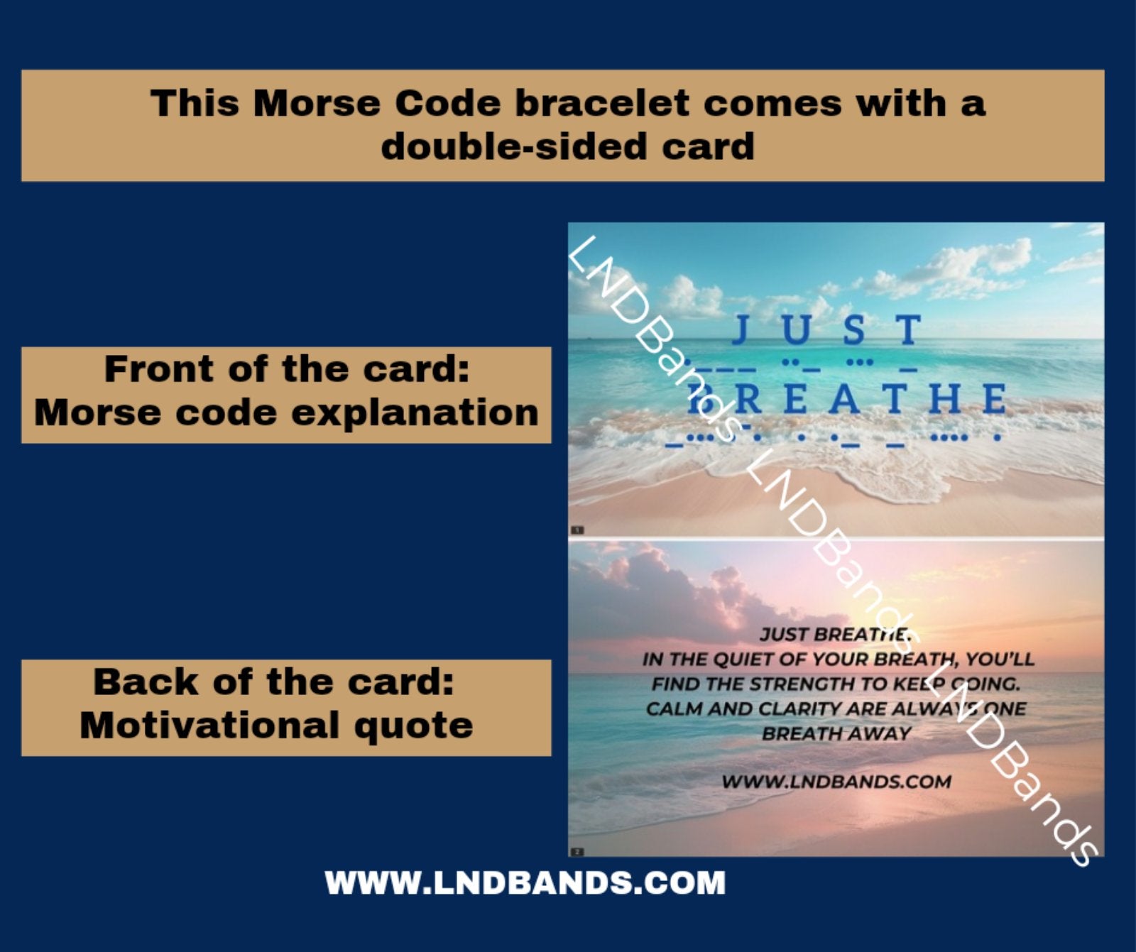 Morse code JUST BREATHE Aquamarine Mother of Pearl Yoga Motivation Meditation Adjustable Bracelet, Relax Calm - LND Bands