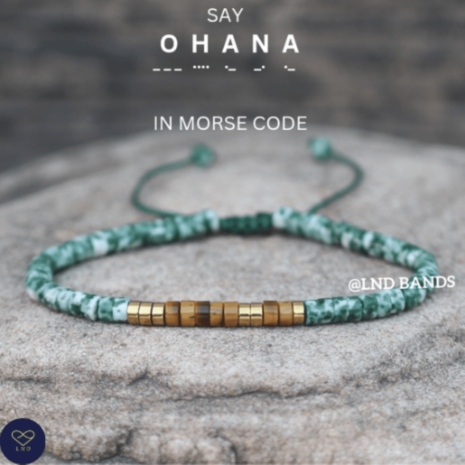 Morse code OHANA Green Spot jasper Tiger eye Adjustable Affirmation Bracelet, motivational, encouraging, meaningful, inspirational, family - LND Bands
