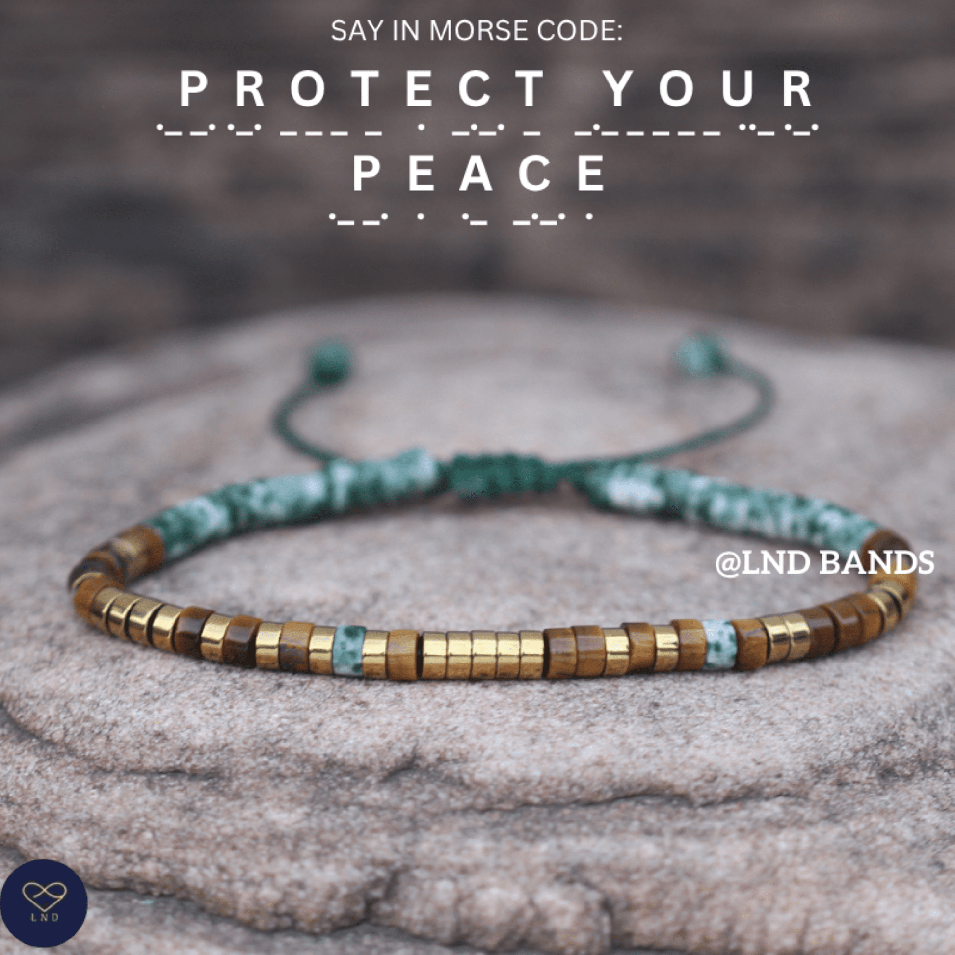 Morse code PROTECT YOUR PEACE Tiger eye Adjustable Affirmation Bracelet, motivational encouraging meaningful, inspirational, motivational - LND Bands