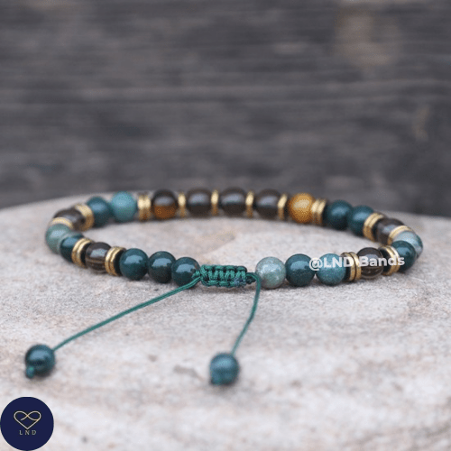 Moss Agate Smoky Quartz Tiger Eye 6mm round beads Minimalist Adjustable Bracelet, Tibetan Gemstone, Yoga, Boho, Ethnic, success, luck - LND Bands