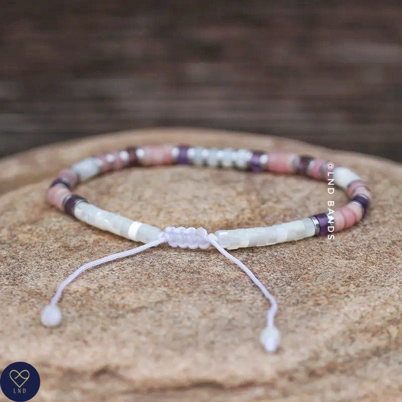 Mother of Pearl Rose Quartz Amethyst Adjustable 2x4mm Bracelet, Minimalist Bohemian Dainty Bracelet, Tibetan gemstone, gift for her birthday - LND Bands