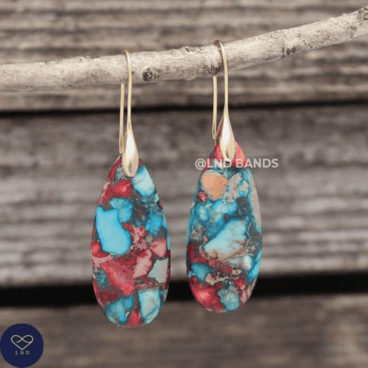 Multicoloured Sea Sediment GOLD Hook Teardrop Natural Stone Jasper Drop Earrings, Boho Women's Stylish Jewellery Earrings, gift for her - LND Bands