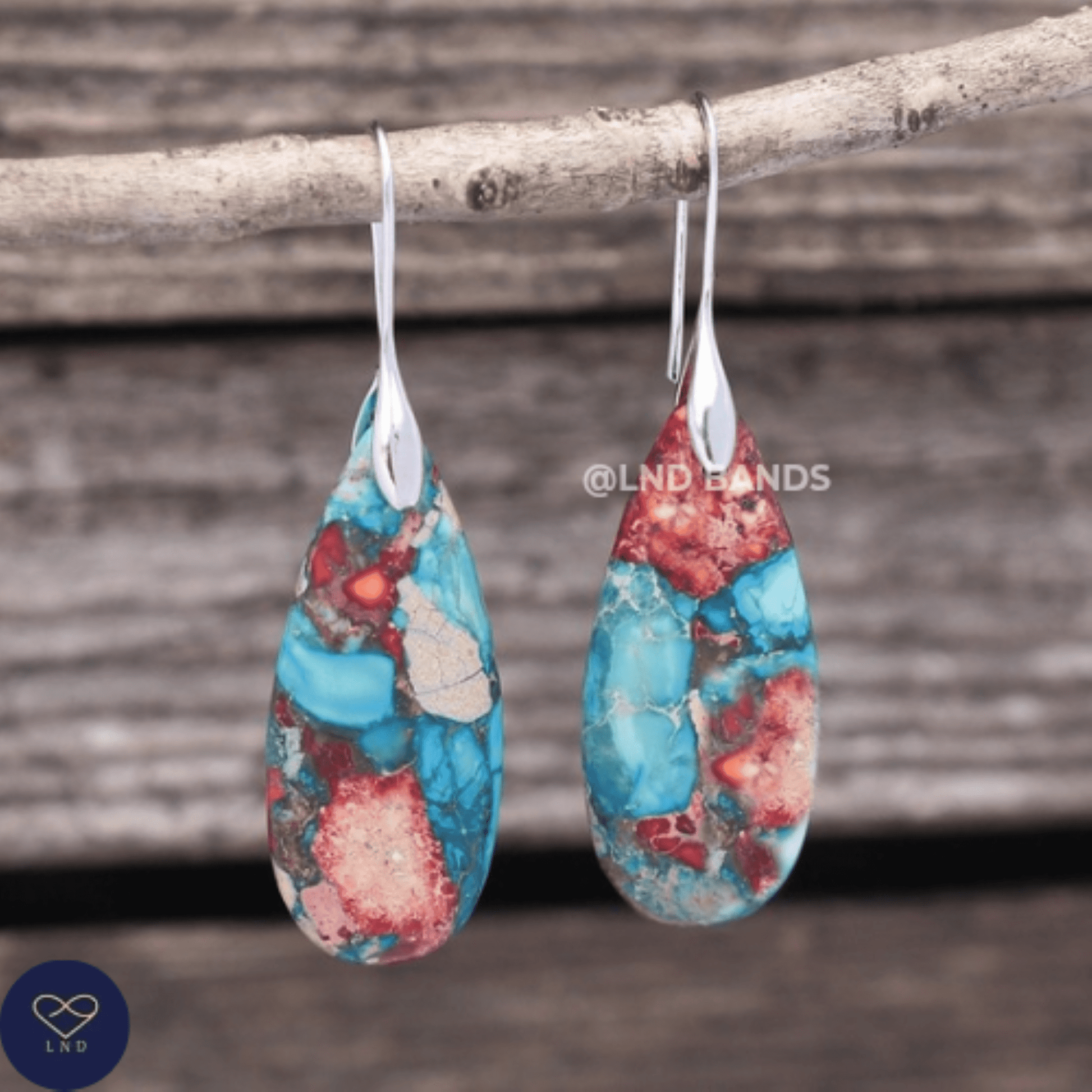 Multicoloured Sea Sediment SILVER Hook Teardrop Natural Stone Jasper Drop Earrings, Boho Women's Stylish Jewellery Earrings, gift for her - LND Bands