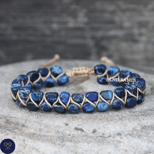 NEW Dark Blue colour Macrame Imperial Jasper Bracelet, Adjustable Ethnic Yoga, natural stone bracelet, blue friendship bracelet movement - LND Bands