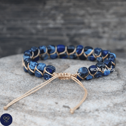 NEW Dark Blue colour Macrame Imperial Jasper Bracelet, Adjustable Ethnic Yoga, natural stone bracelet, blue friendship bracelet movement - LND Bands