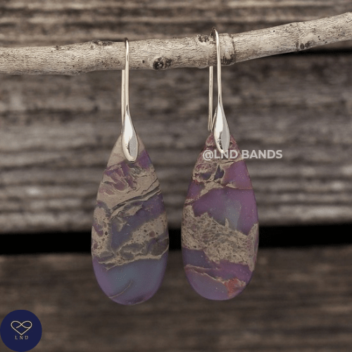 Purple GOLD Hook Teardrop Natural Stone Jasper Drop Earrings Boho, Women Stylish Jewellery Earrings, gift for her for Mum - LND Bands