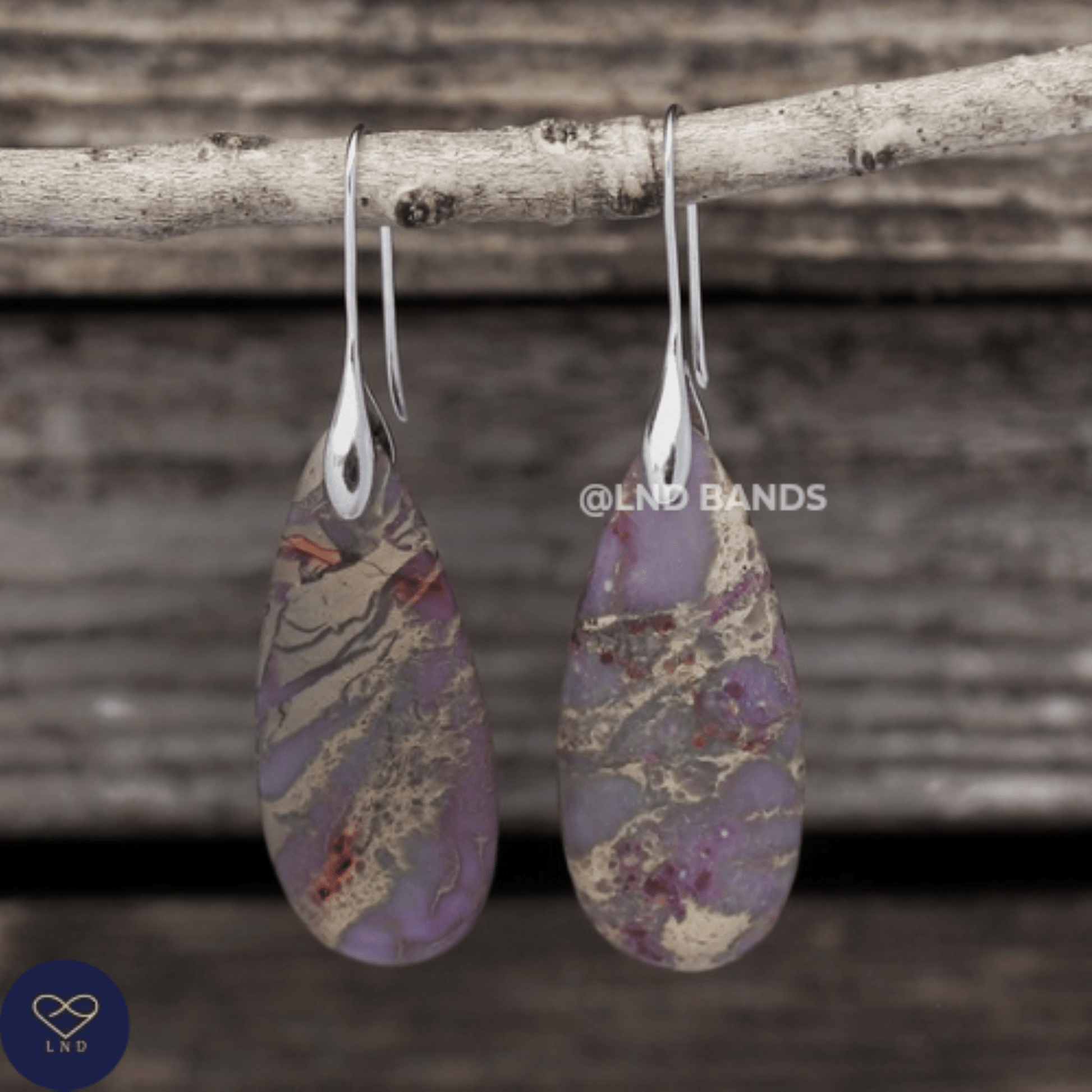 Purple SILVER Hook Teardrop Natural Stone Jasper Drop Earrings Boho, Women Stylish Jewellery Earrings, gift for her for Mum - LND Bands