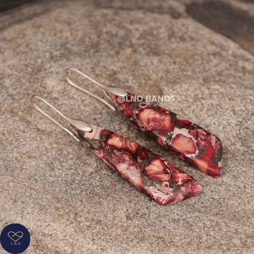 Red Sea Sediment GOLD Hook Teardrop Natural Stone Jasper Earrings, Drop Earrings Boho, Women Stylish Jewellery Earrings, gift for her - LND Bands