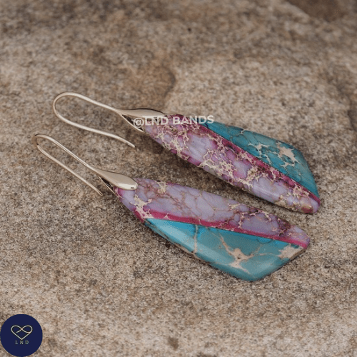 Sea Sediment GOLD Hook Teardrop Natural Stone Jasper Drop Earrings Boho, Women Stylish Jewellery Earrings, gift for her, gift for Mum - LND Bands