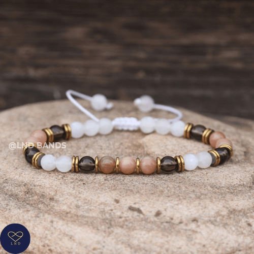 Sunstone Smoky Quartz Moonstone 6mm round beads Minimalist Adjustable Bracelet, Tibetan Gemstone, Yoga, Boho, Ethnic, protection, intuition - LND Bands