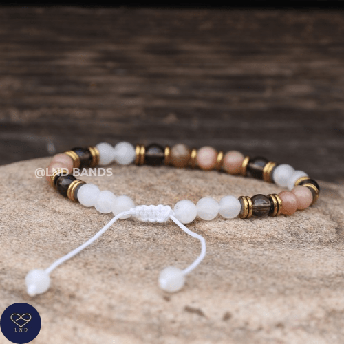 Sunstone Smoky Quartz Moonstone 6mm round beads Minimalist Adjustable Bracelet, Tibetan Gemstone, Yoga, Boho, Ethnic, protection, intuition - LND Bands