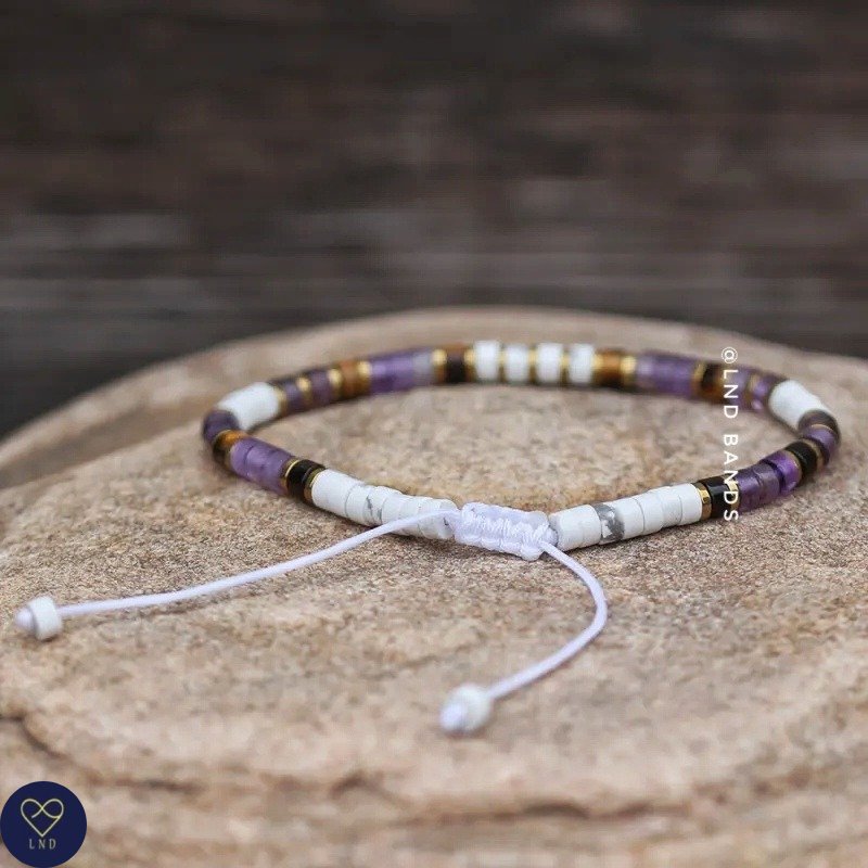 Tiger Eye Amethyst Howlite Minimalist 2x4mm Bracelet, Adjustable Beaded Bracelet, Tibetan Natural Stone Bracelet, Yoga, Boho, Ethnic - LND Bands