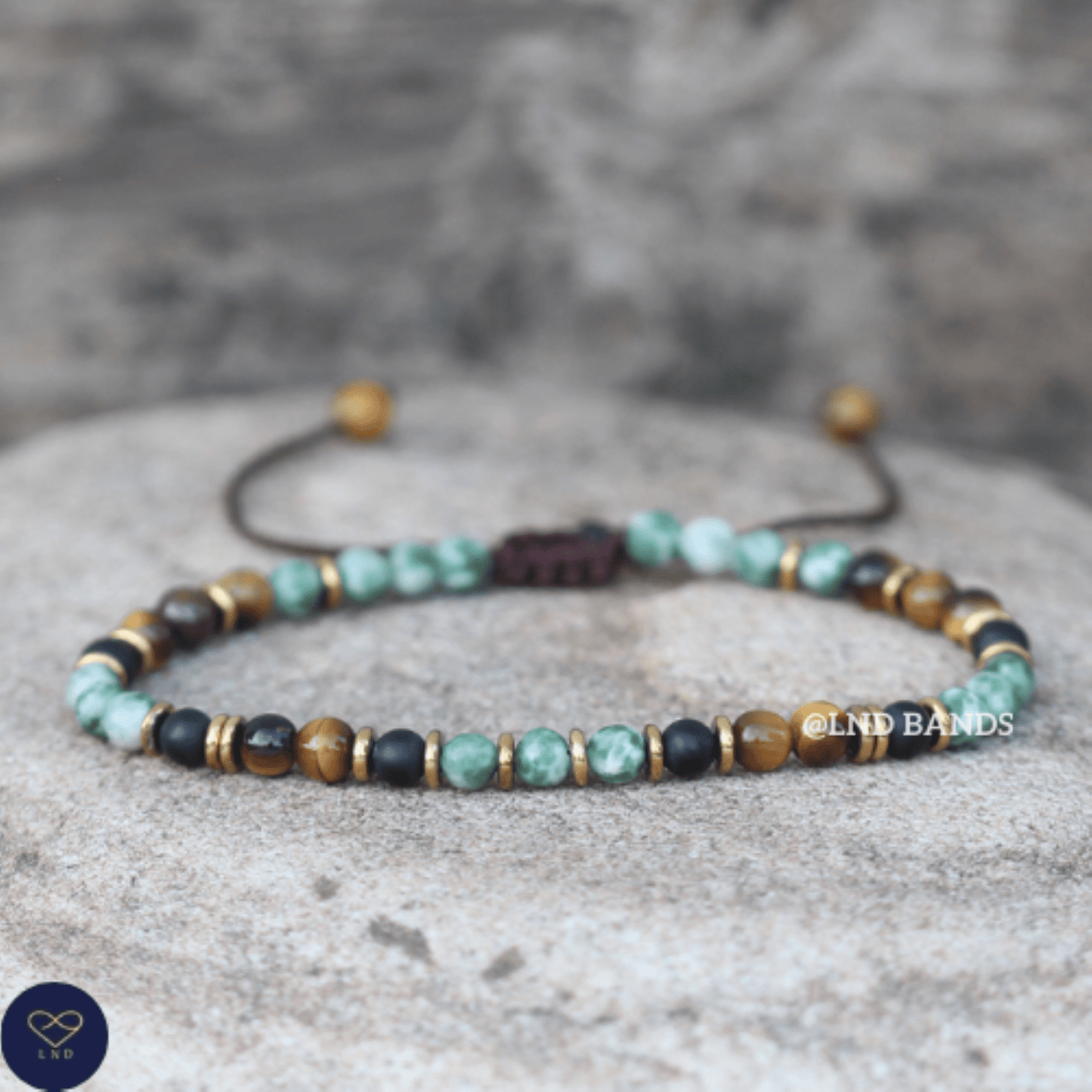Tiger Eye Green Spot Jasper Onyx 4mm round beads Bracelet, Adjustable Beaded Bracelet, Tibetan Bracelet, Natural Stone Bracelet, Yoga, Boho - LND Bands