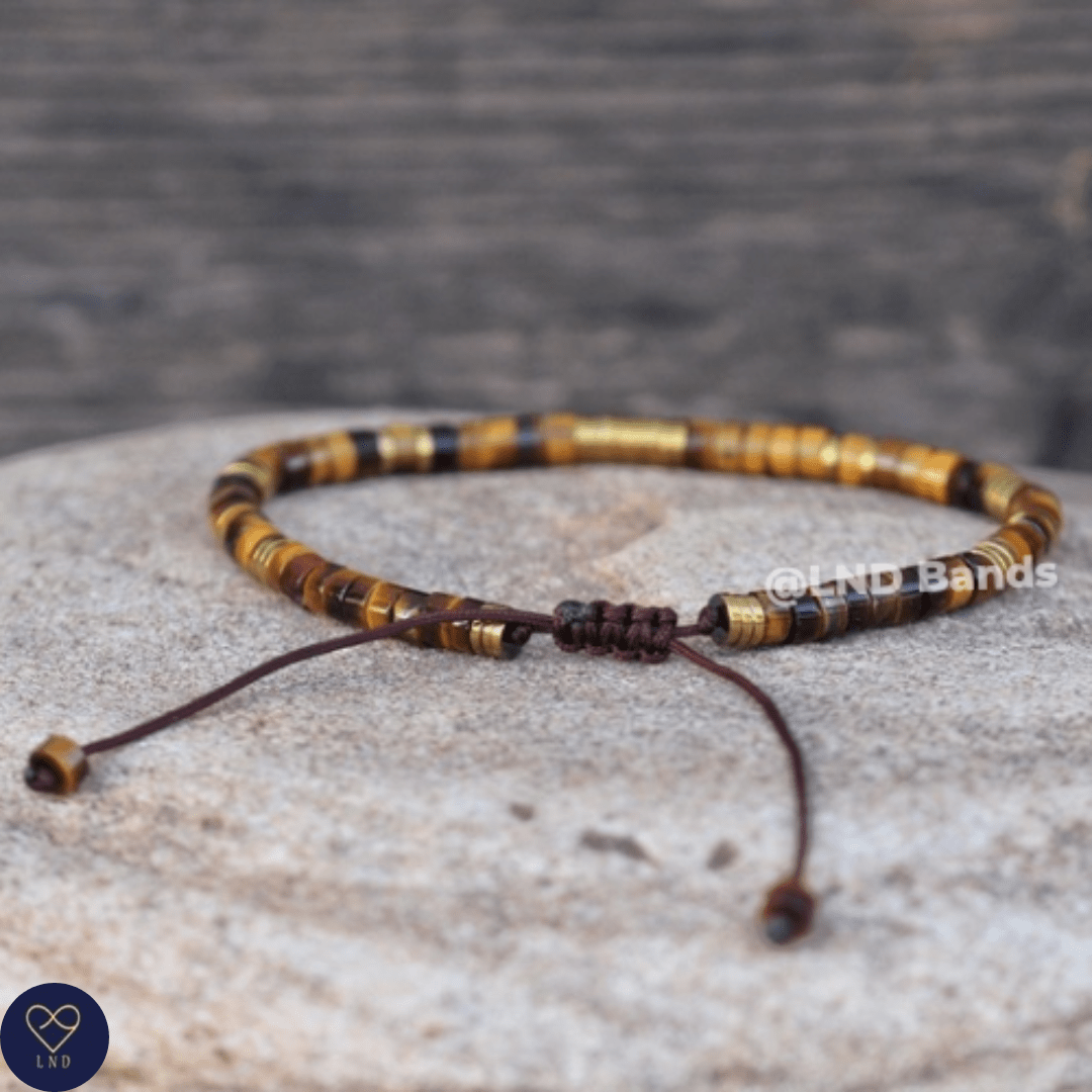Tiger Eye Hematite 2x4mm Bead Bracelet, Adjustable, Minimalist Dainty Bohemian Bracelet, Natural Stone Bracelet, gift for her, gift for him - LND Bands