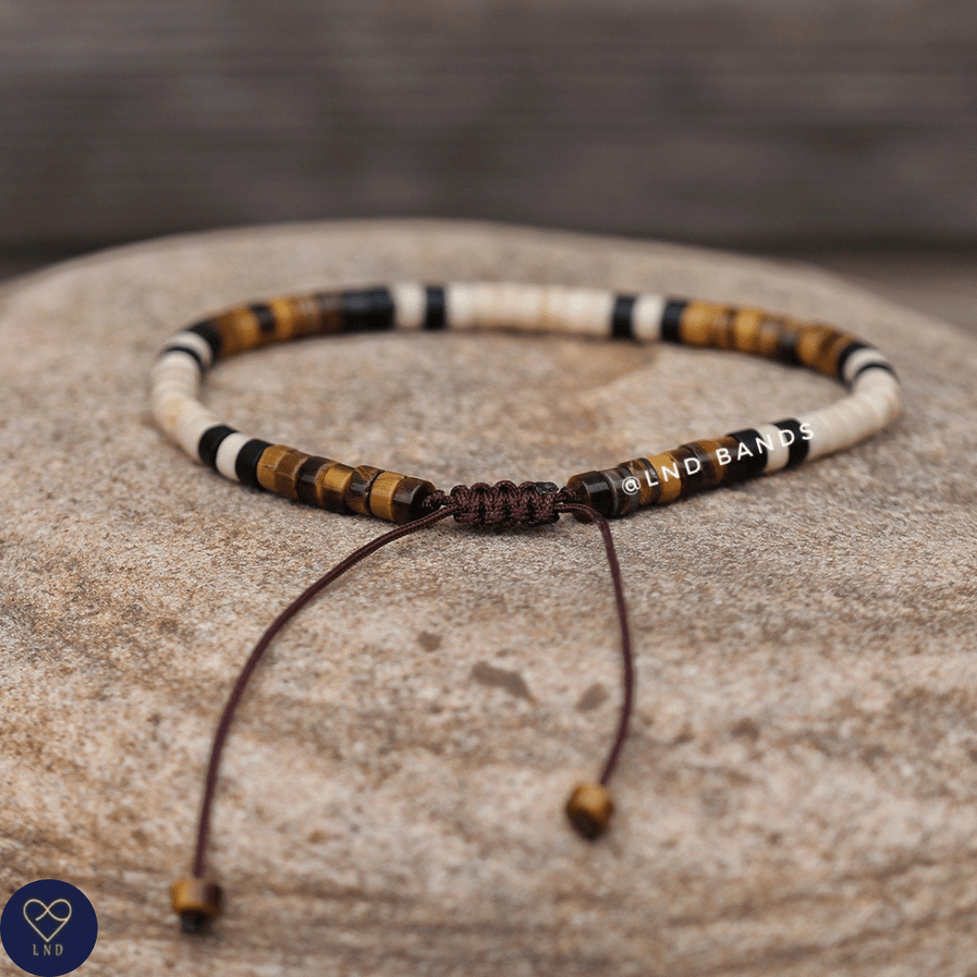 Tiger Eye Ivory Howlite 2x4mm Gemstone Bracelet, Adjustable Tibetan Minimalist Yoga Boho Bracelet, surfer, birthday gift, courage, power - LND Bands