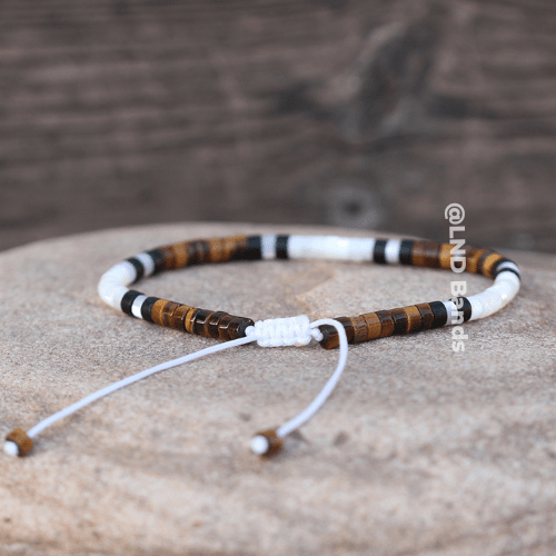 Tiger Eye Mother Of Pearl 2x4mm Gemstone Bracelet, Adjustable Tibetan Minimalist Yoga Boho Bracelet, surfer, birthday gift, courage, power - LND Bands