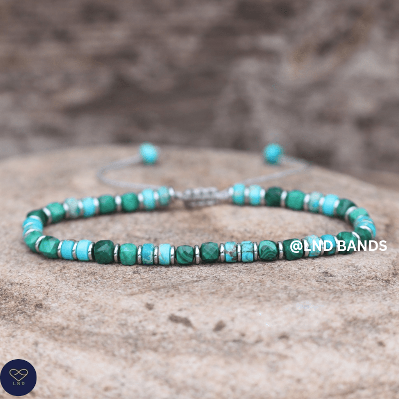 Turquoise Jasper & Malachite 2x6mm Beaded Bracelet: Yoga, Adjustable, Tibetan, Natural Stone, Yoga, Boho, Ethnic, birthday gift - LND Bands