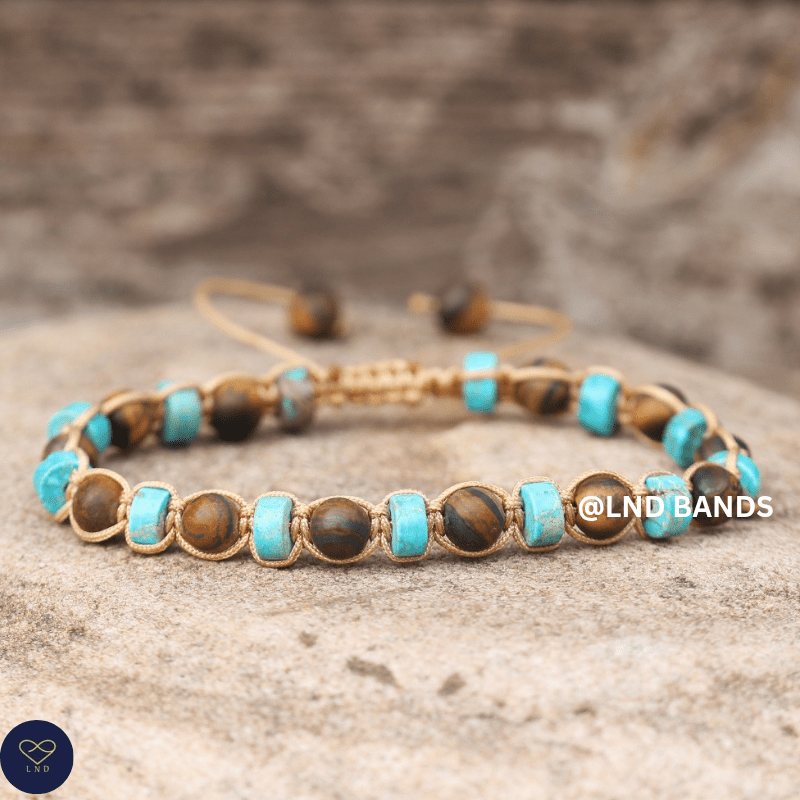 Turquoise Jasper & Tiger Eye 2x6mm Beaded Bracelet: Yoga, Adjustable, Tibetan, Natural Stone, Yoga, Boho, Ethnic, gift for him - LND Bands