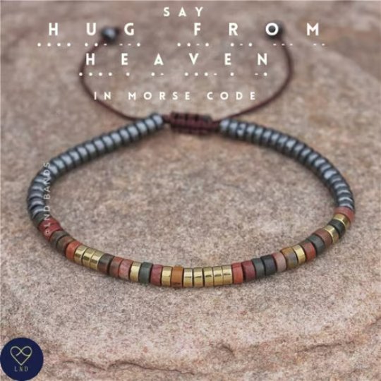Morse code HUG FROM HEAVEN Hematite Picasso Jasper Bracelet - LND Bands