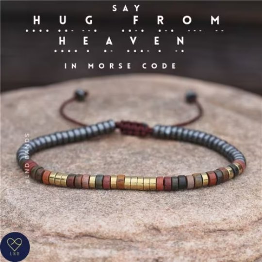 Morse code HUG FROM HEAVEN Hematite Picasso Jasper Bracelet - LND Bands