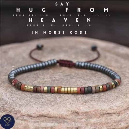 Morse code HUG FROM HEAVEN Hematite Picasso Jasper Bracelet - LND Bands