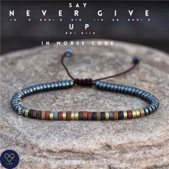 Morse code NEVER GIVE UP Hematite Picasso Jasper Bracelet - LND Bands