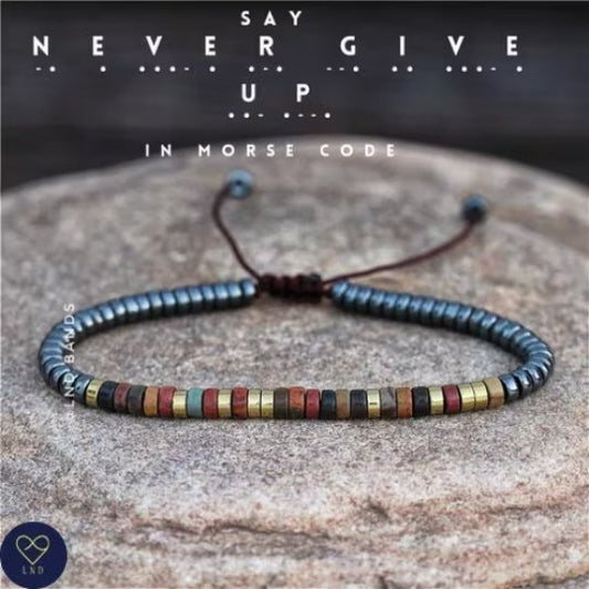 Morse code NEVER GIVE UP Hematite Picasso Jasper Bracelet - LND Bands